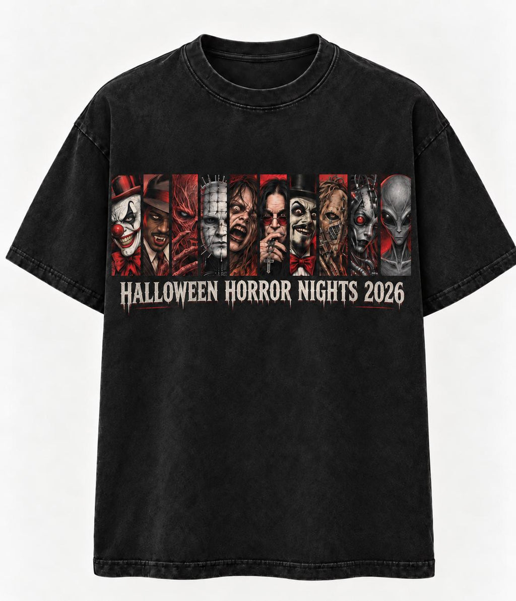 Halloween Horror Nights 2026 Horror Lineup Acid Wash Tee